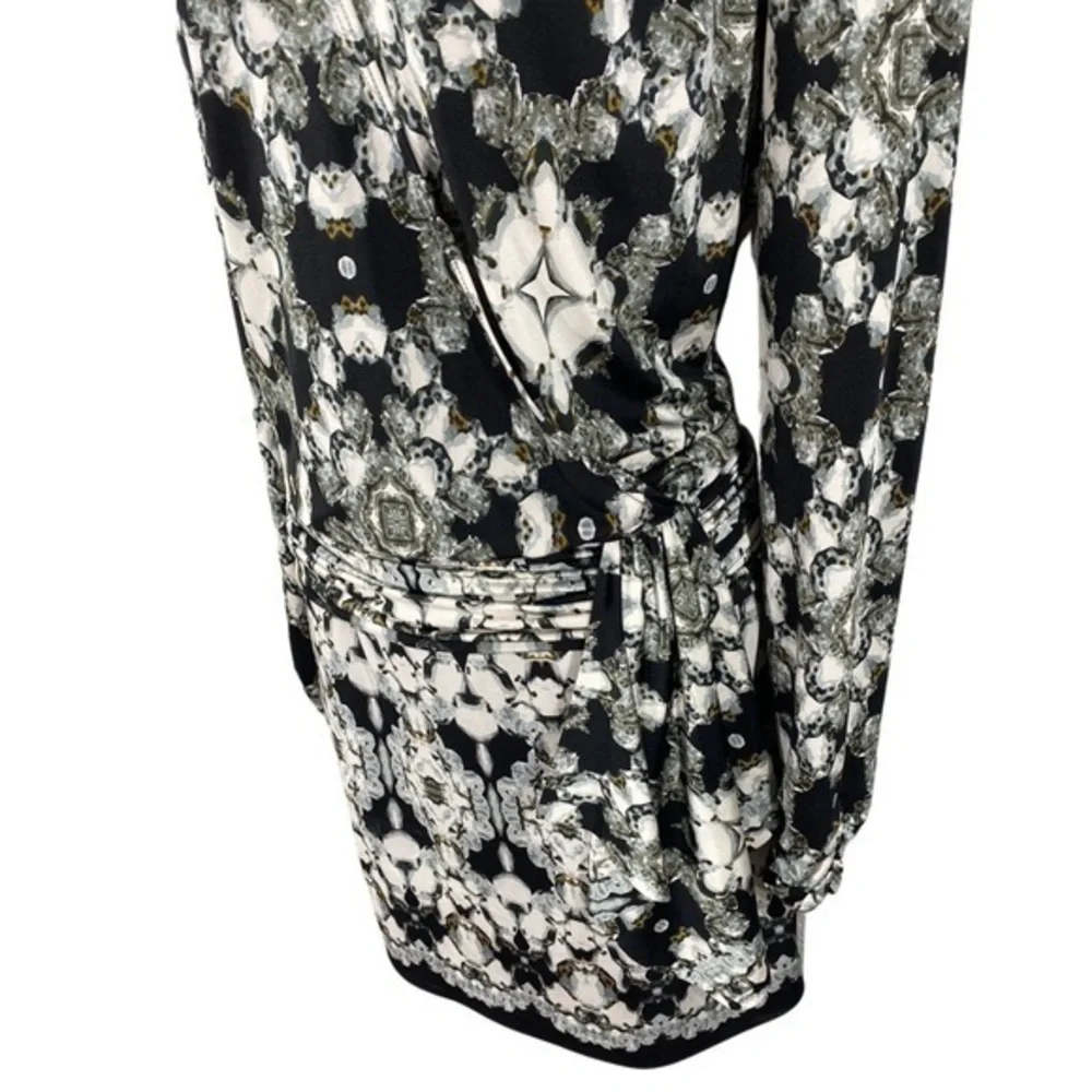 Cache black silver diamond kaleidoscope print surplice dress H19
